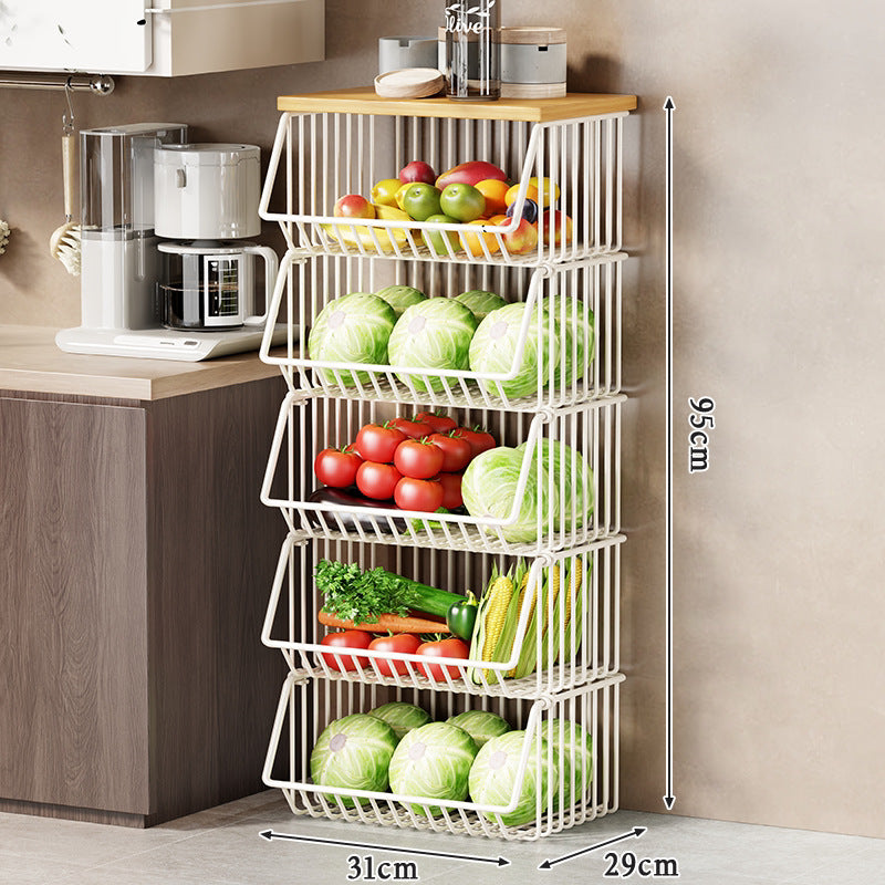 Multi-Tier Rolling Kitchen Fruit and Vegetable Storage Cart with Wood Top