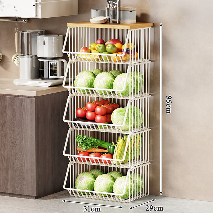 Multi-Tier Rolling Kitchen Fruit and Vegetable Storage Cart with Wood Top
