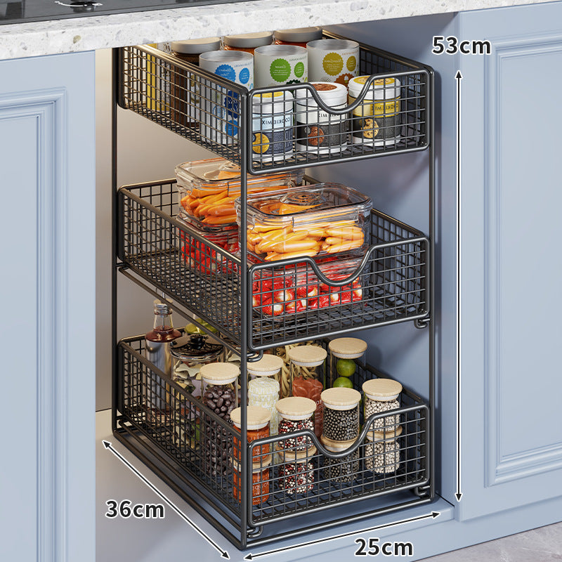 Two-Tier Metal Wire Pantry Basket Organizer with Slide-Out Drawers