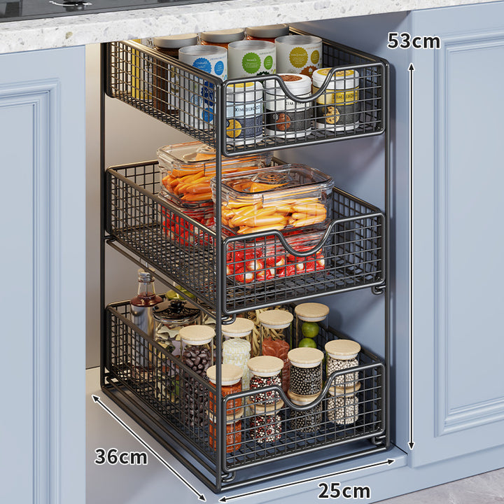 Two-Tier Metal Wire Pantry Basket Organizer with Slide-Out Drawers