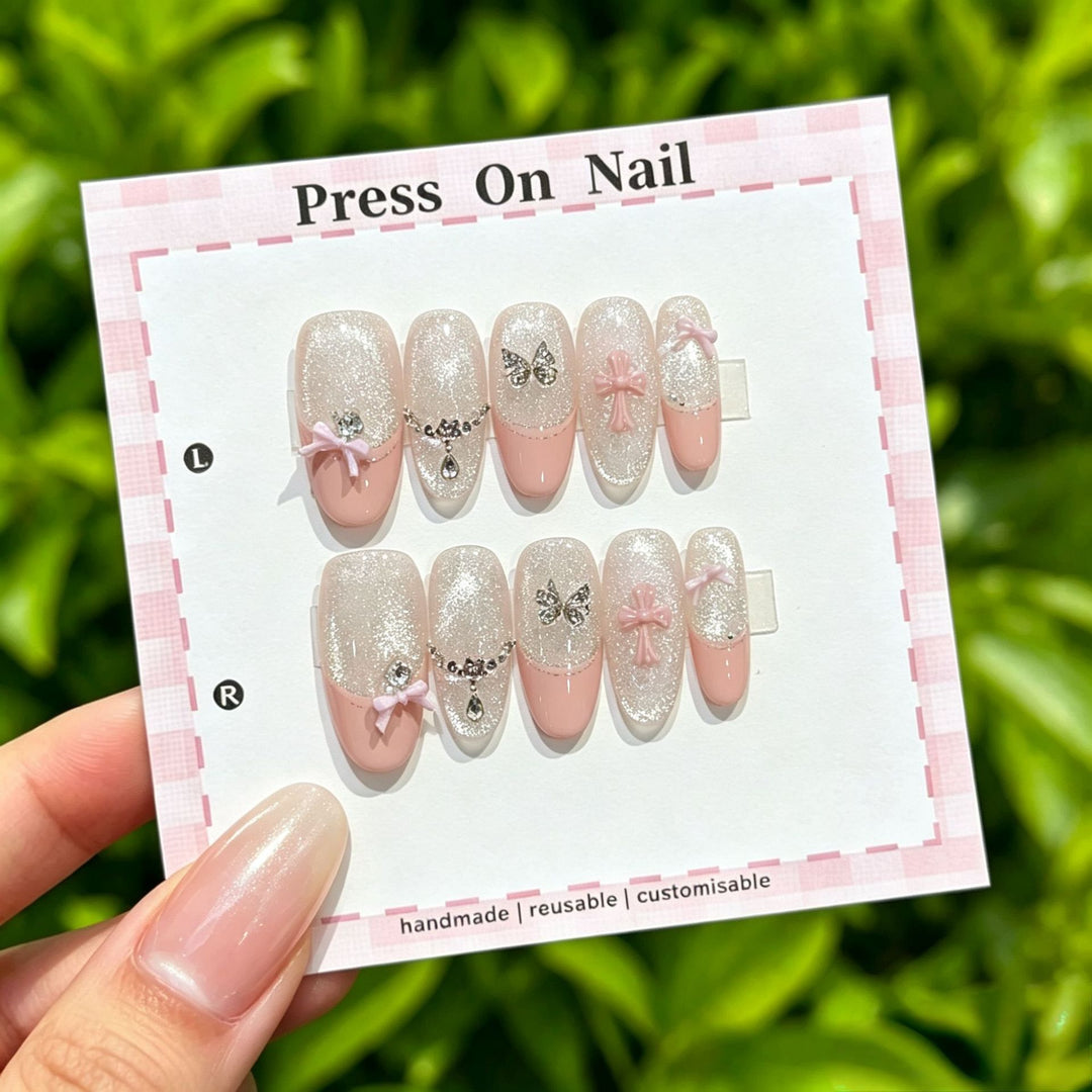 Artistic Press-On Nail Art Set with Star and Floral Accents