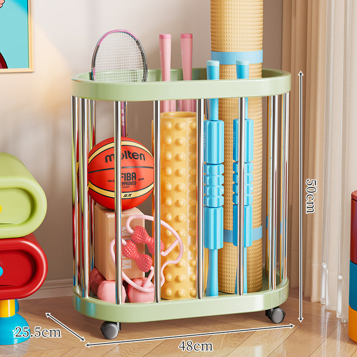 Vertical Rolling Sports Gear Storage Organizer with Cylindrical Metal Bar Frame and Casters