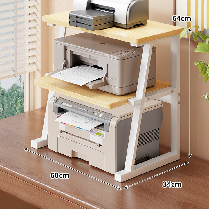 Adjustable Two-Tier Wood-Top Metal-Frame Desktop Printer Stand with Cable Management