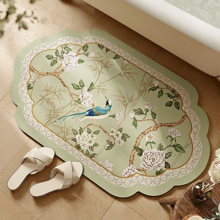 Floral Patterned Scalloped Bath Mat for Bathroom