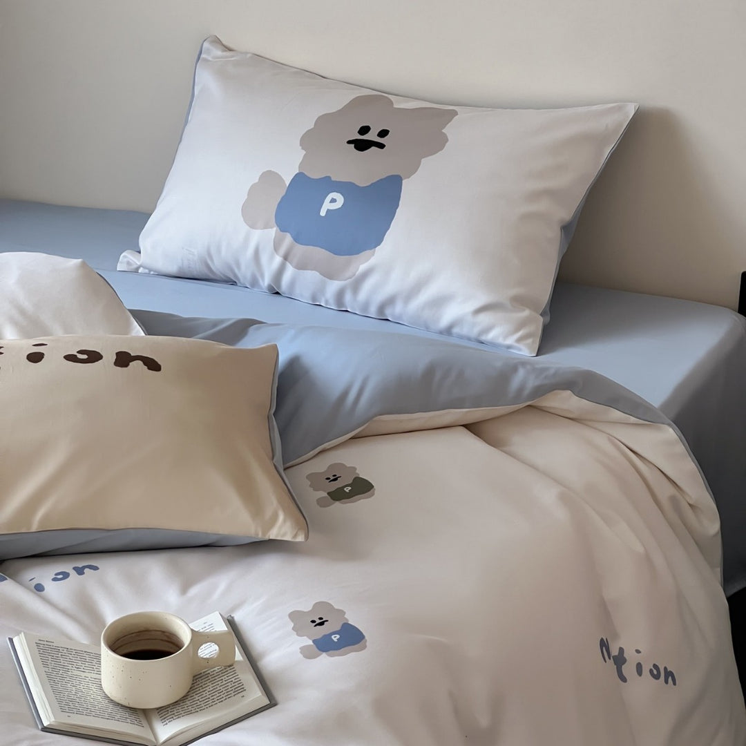 Bedding set made of cotton satin with teddy bear and breakfast print