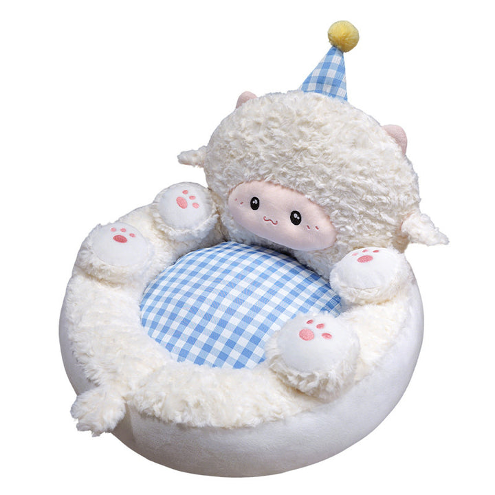 Padded children's armchair made of plush with a high backrest, armrests, and removable checkered seat cushion in sheep design