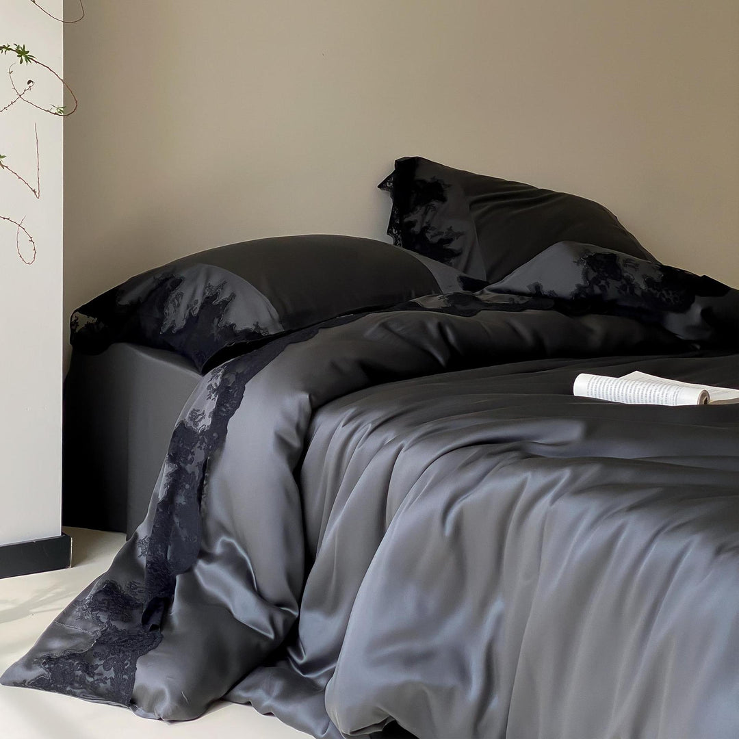 Luxurious satin bedding set with delicate lace trim