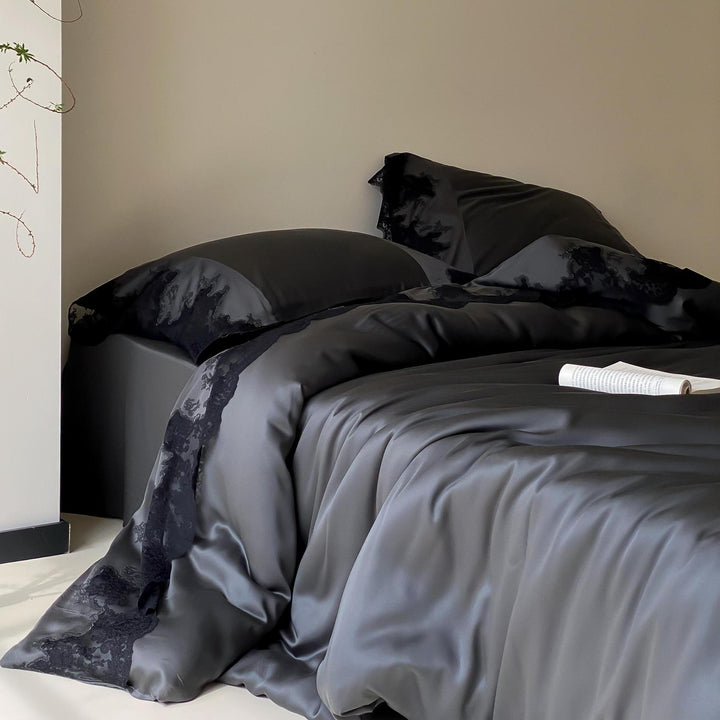 Luxurious satin bedding set with delicate lace trim