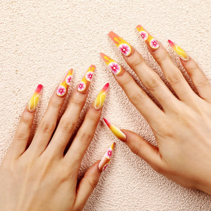 Artificial Nails Set with Tropical Hibiscus Pattern Kalsten