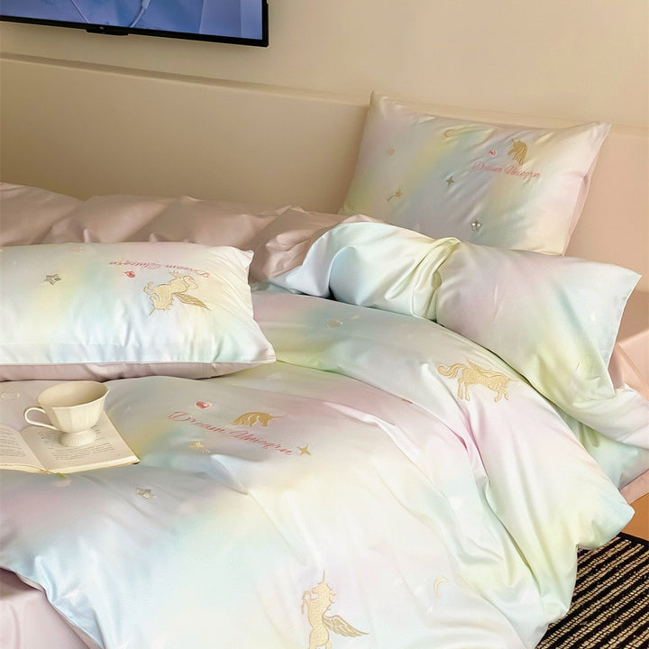 Pastel bedding set with unicorn embroidery and silky soft satin
