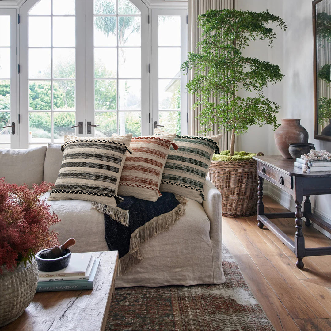 Rectangular Boho Lumbar Pillow with Braided Ties and Tassels