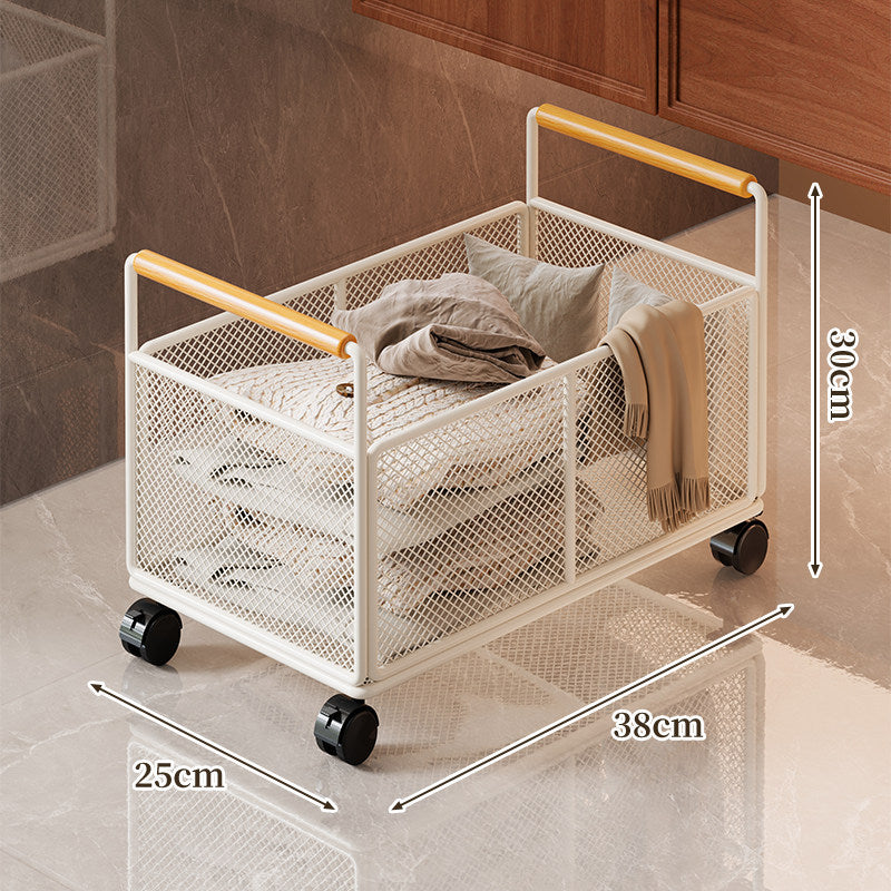 Rectangular Metal Mesh Storage Basket with Dual Wood-Hand Grips