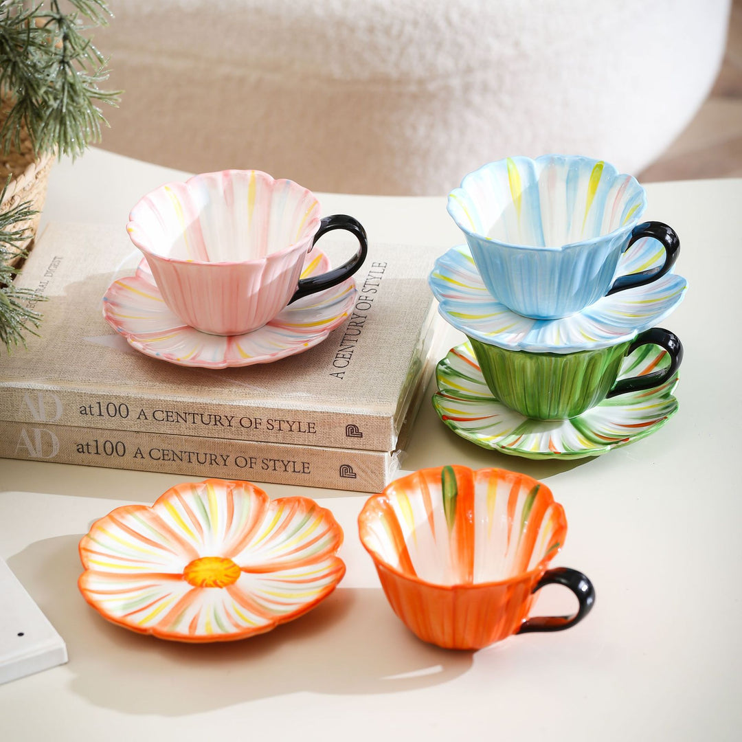 Handcrafted ceramic mug with shell-shaped wave edge and contrasting handle