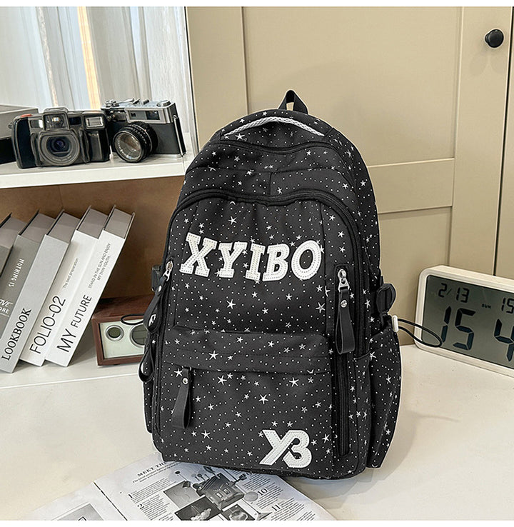 Multi-Pocket Star-Embellished School Backpack