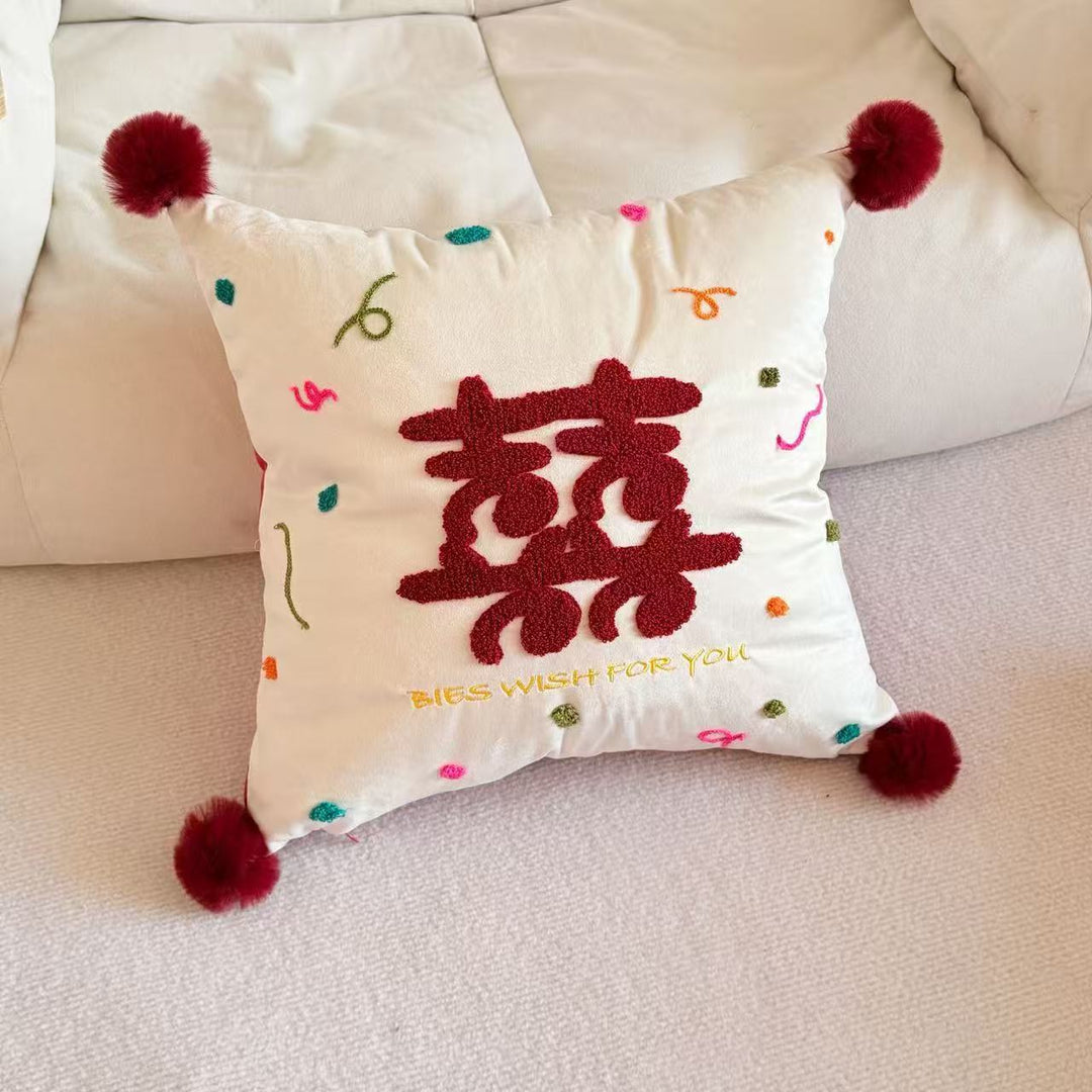 Hand-Tufted Double-Happiness Chenille Accent Cushion with Pom-Pom Corners