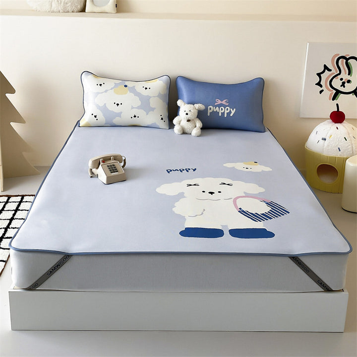 Children's mattress topper and fitted sheet set with non-slip corner fasteners and cute dog design