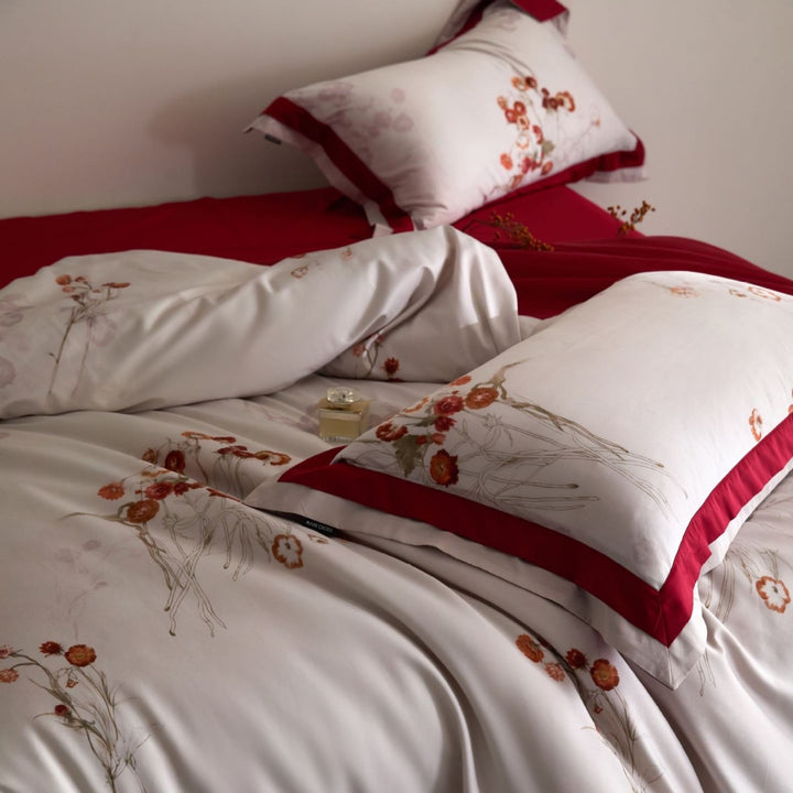 Luxurious satin bedding set with floral and berry design