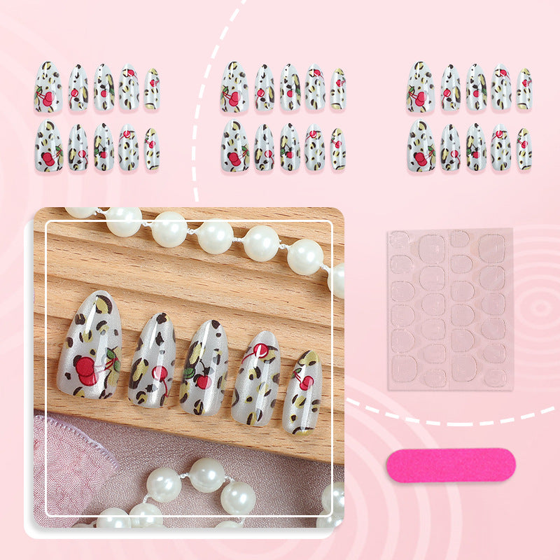 Artistic Cherry and Leopard Print Press-On Nail Art Set Kalsten