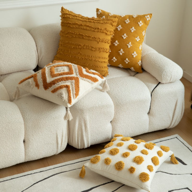 Square Textured Pom-Pom Dot Throw Pillow Cushion with Tassel Corners and Shaggy Tufted Accents