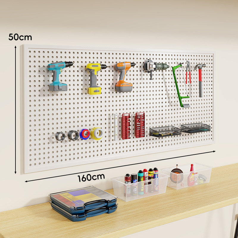 Wall-Mounted Perforated Metal Tool Pegboard Organizer Panel with Modular Hooks and Wire Baskets