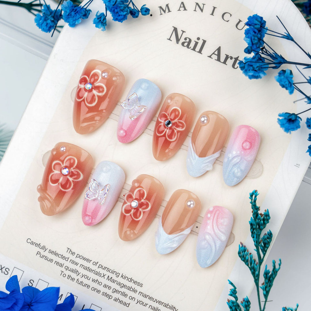 Handmade Press-On Nail Set with Floral and Butterfly Designs