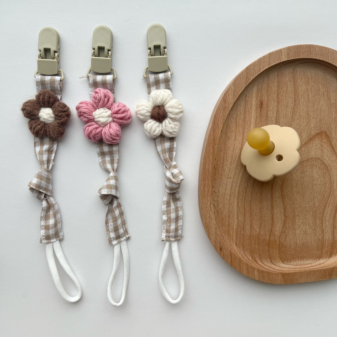Floral Knit Pacifier Clip with Gingham Cotton Strap