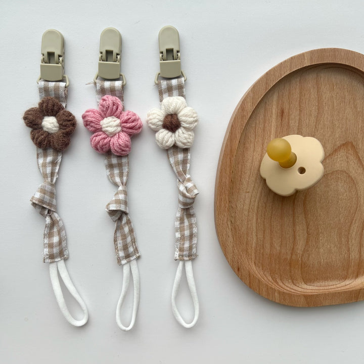 Floral Knit Pacifier Clip with Gingham Cotton Strap
