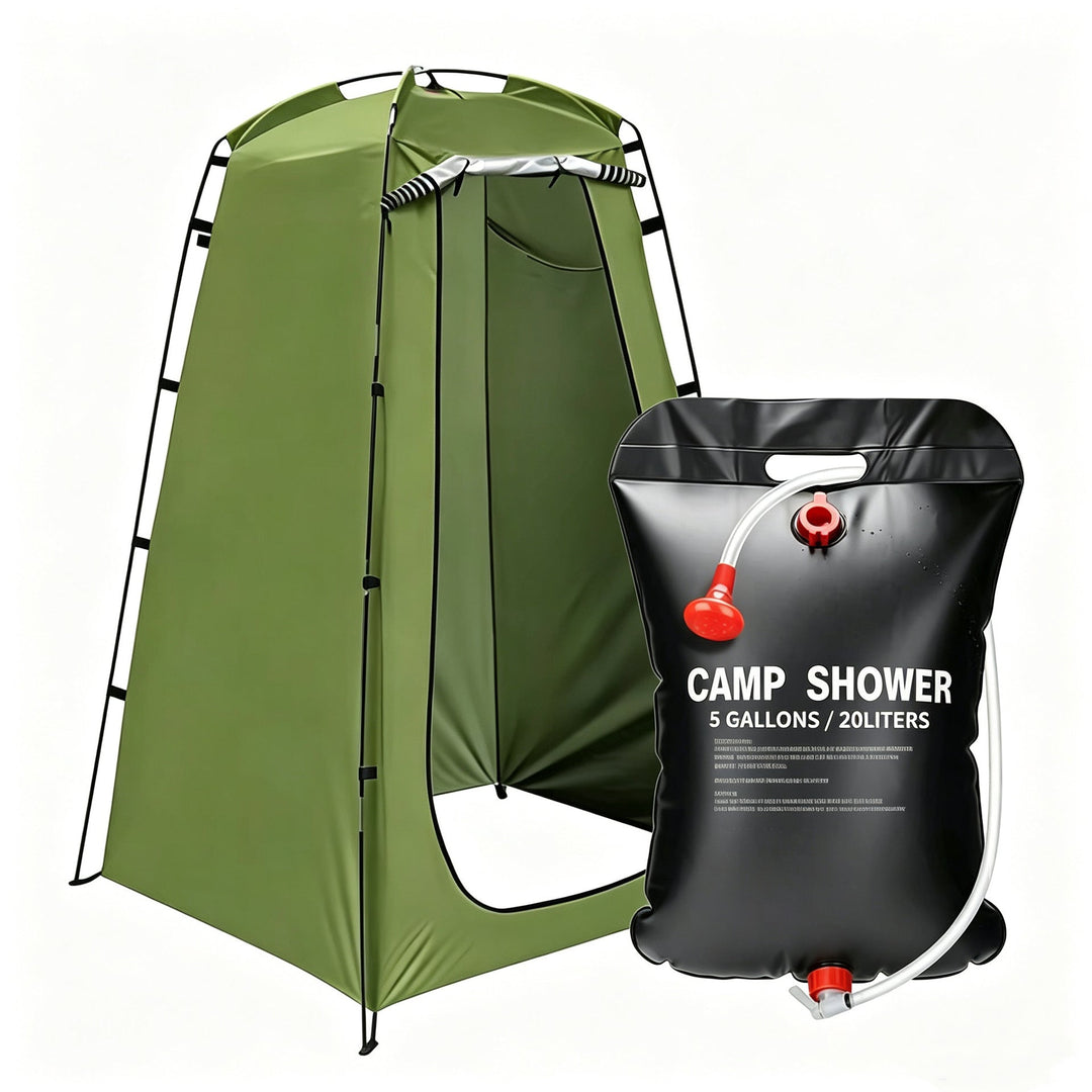 Portable camping shower privacy tent with five gallon solar shower bag and pop up foldable pole system Kalsten
