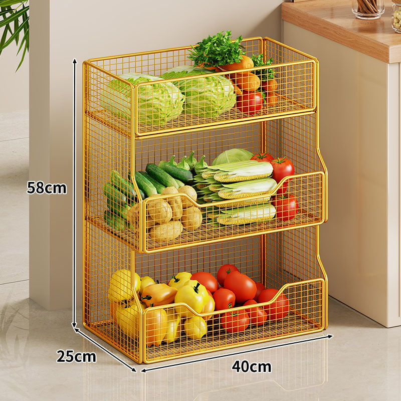Two Tier Wire Mesh Kitchen Produce Storage Rack with Slide Out Lower Basket