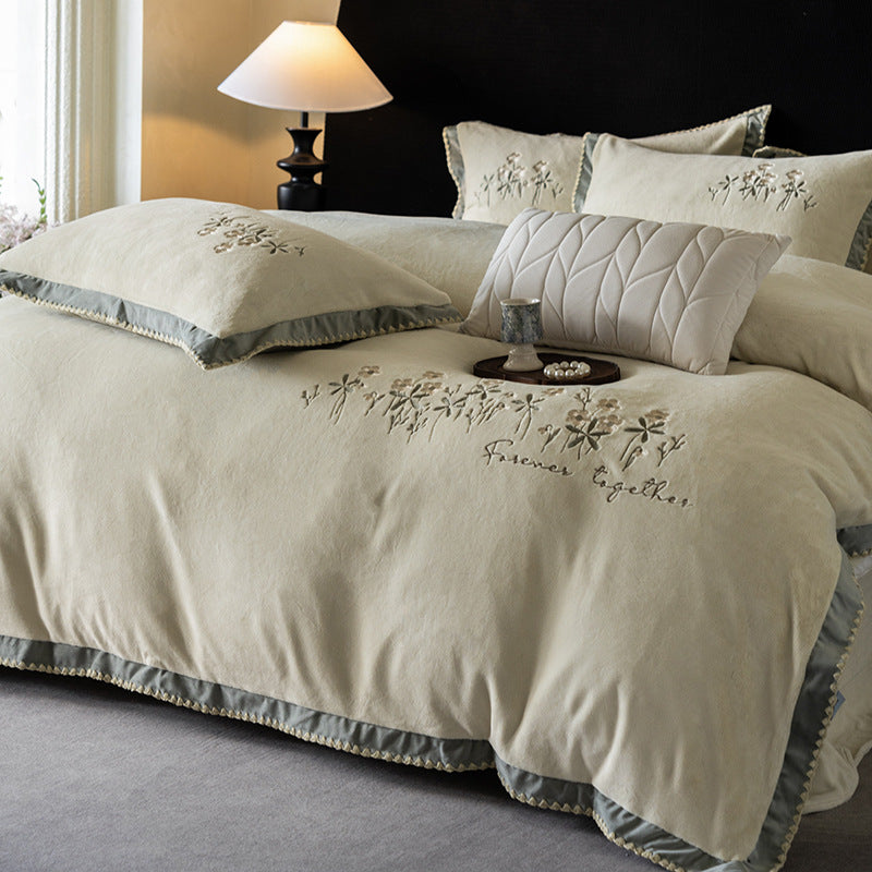 Premium cotton satin bed linen set with floral relief embroidery and satin trim
