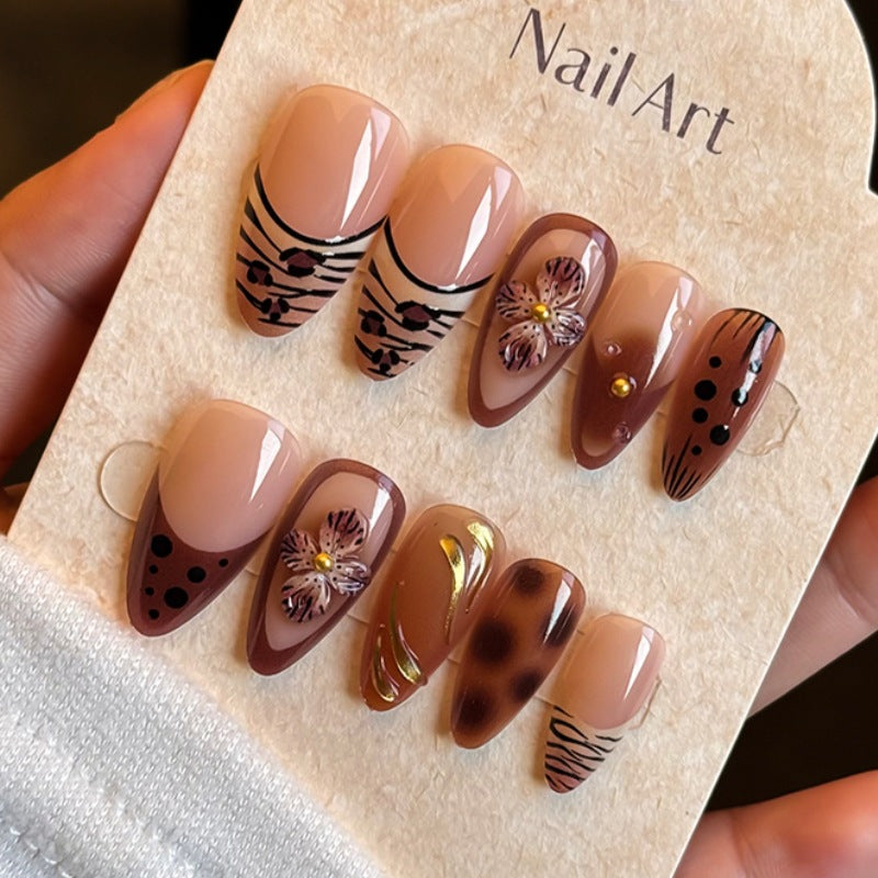Artistic Press-On Nail Art Set with Floral and Abstract Design Kalsten