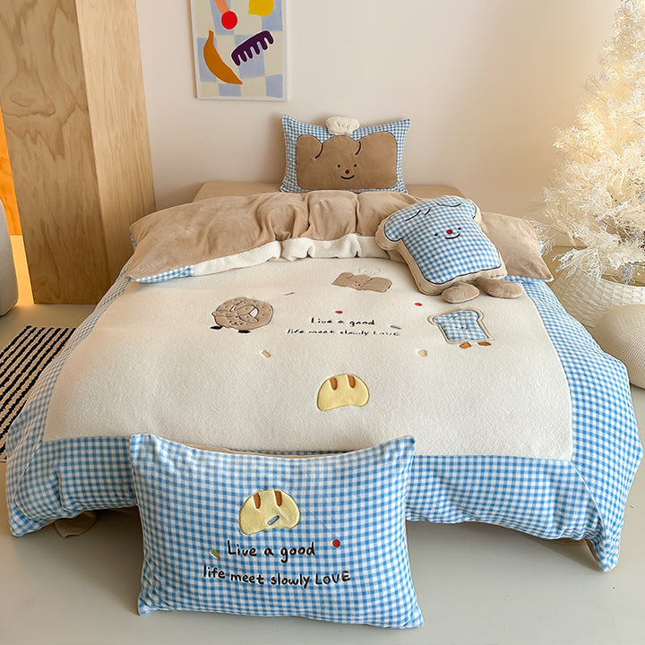 Children's bedding set with quilted cozy blanket, plush decorative pillow, and vichy check trim