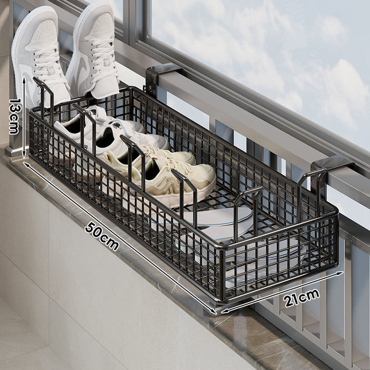 Window-Rail Hanging Shoe Storage Basket with Ventilated Grid and Adjustable Clamp Hooks