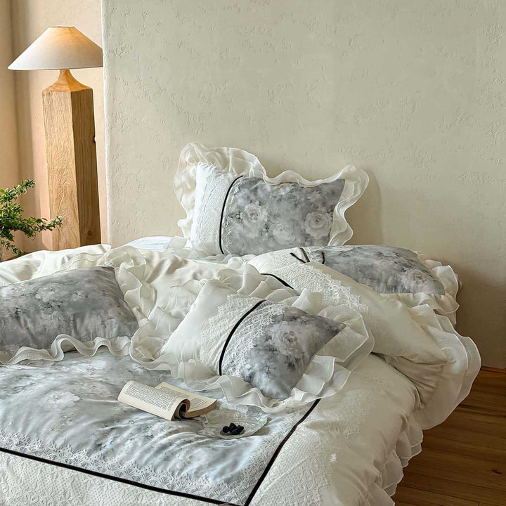 luxurious romantic bedding set with lace trim and ruffles