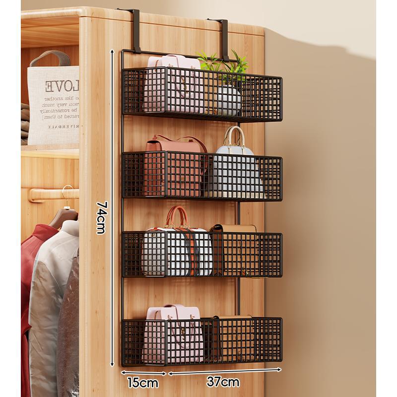 Over-Door Four-Tier Metal Mesh Hanging Storage Organizer with Integrated Hooks