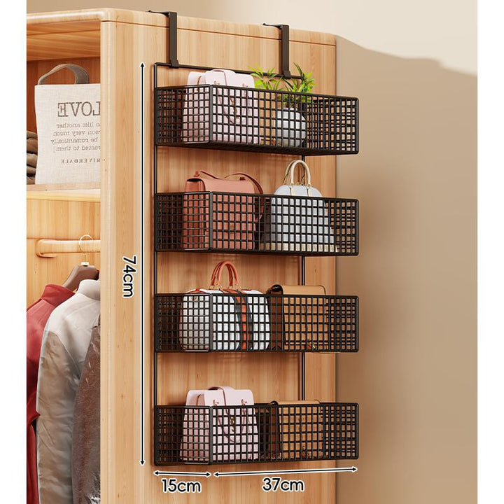 Over-Door Four-Tier Metal Mesh Hanging Storage Organizer with Integrated Hooks