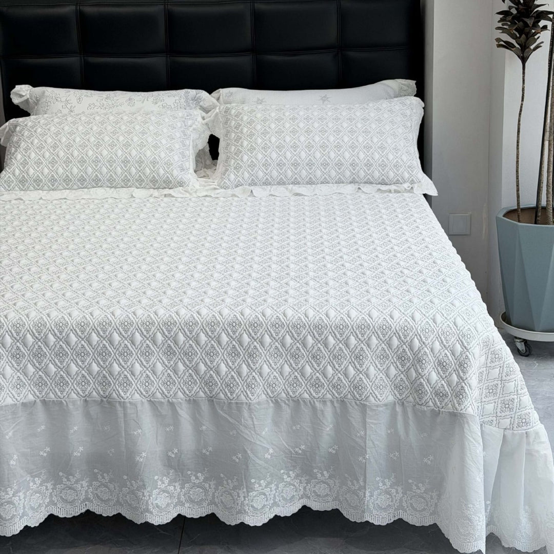 Quilted cotton bedspread set with honeycomb quilting, lace trim, and matching pillow covers