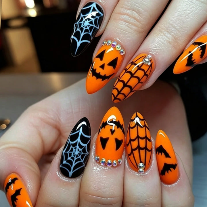 Acrylic nail set with Halloween designs and glitter elements Kalsten