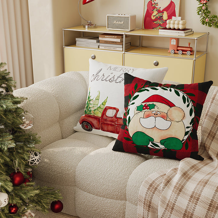 Festive Buffalo Plaid Santa Face Decorative Pillow Cover with Concealed Zipper