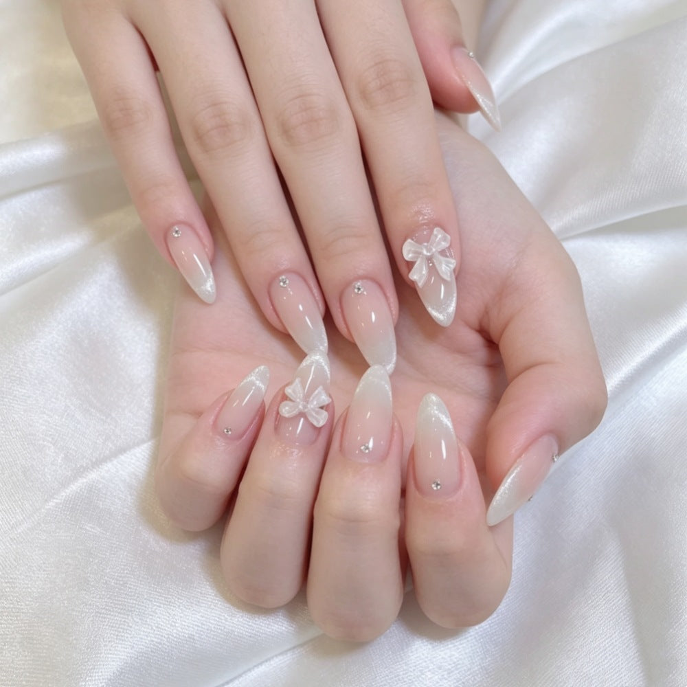 Elegant Press-On Nail Set with Decorative Bow and Rhinestone Accents Kalsten