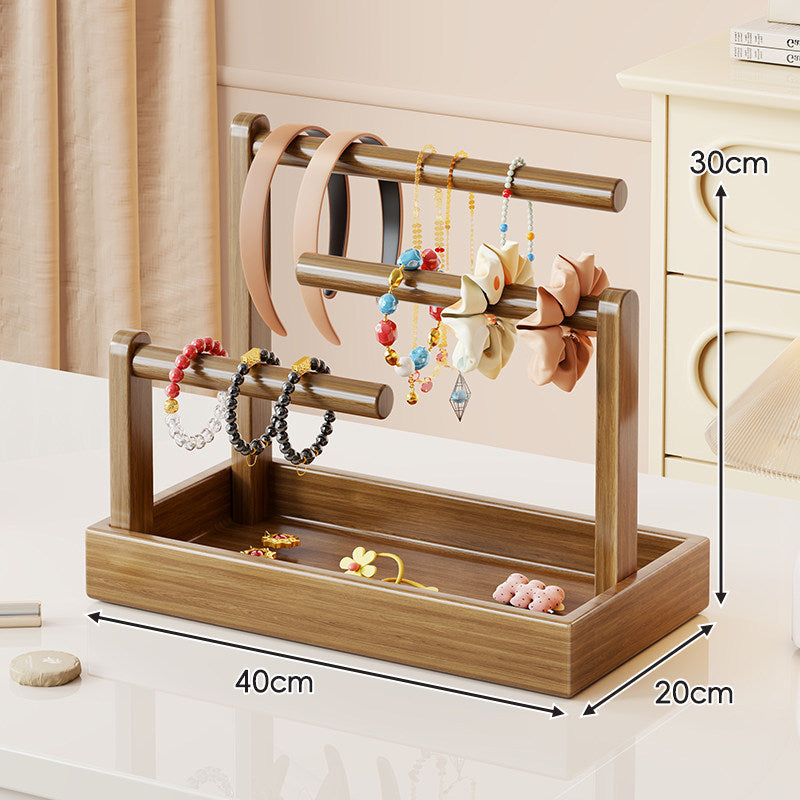 Multi-Level Wooden Jewelry Organizer Stand with Tray and Rod Display
