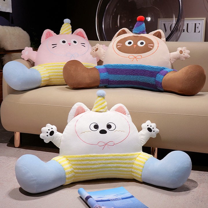 Large decorative plush cuddle pillow in playful cat doll shape with long legs and soft filling core