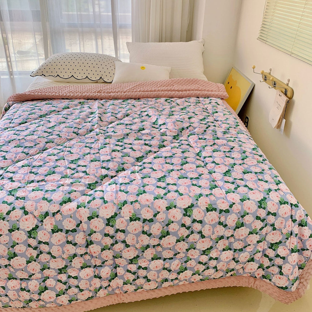 Cozy baby quilt with minky fleece border and cute rabbit print