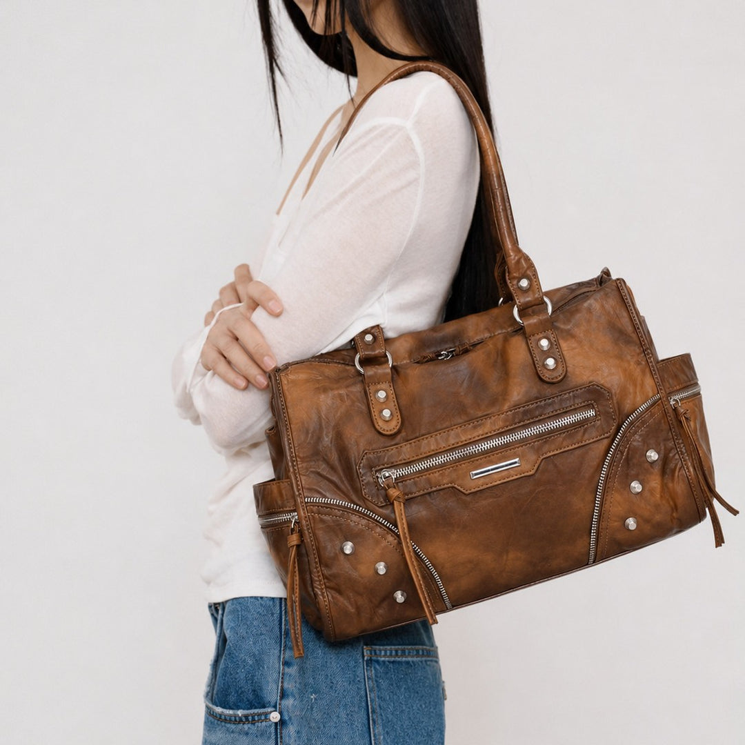 Multi-Pocket Vintage Leather Tote