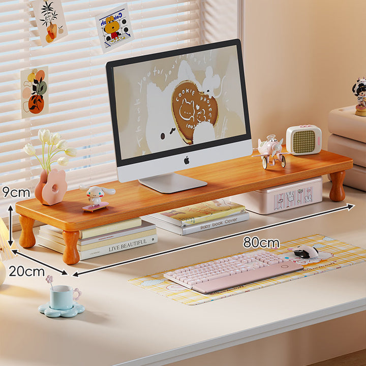 Solid Wood Elevated Desk Display Stand with Under-Shelf Storage and Sculpted Legs