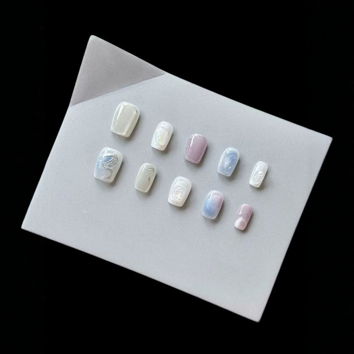 Artistic Press-On Nail Art Set with Pearlescent and Marble Designs
