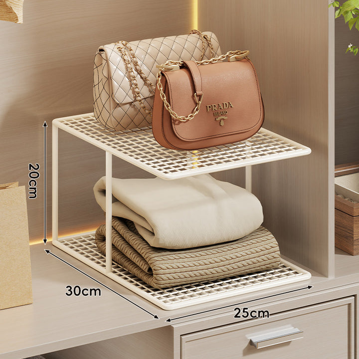 Triple-Tier Grid Mesh Closet Shelf Organizer with Stackable Modular Design