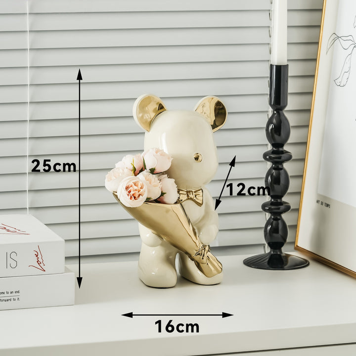 Decorative Bear Figurine with Flower Bouquet for Home