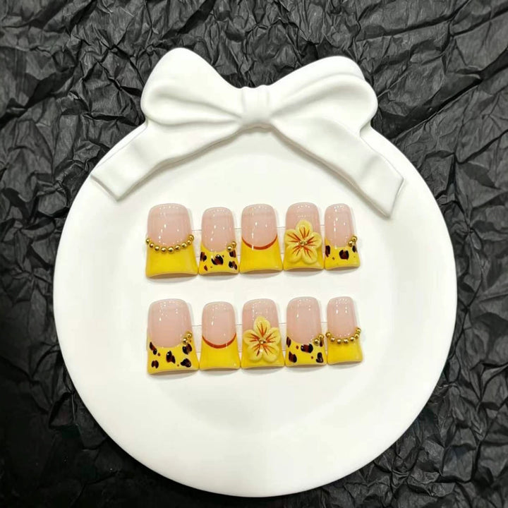 Artistic Press-On Nail Set with Floral and Animal Print Designs
