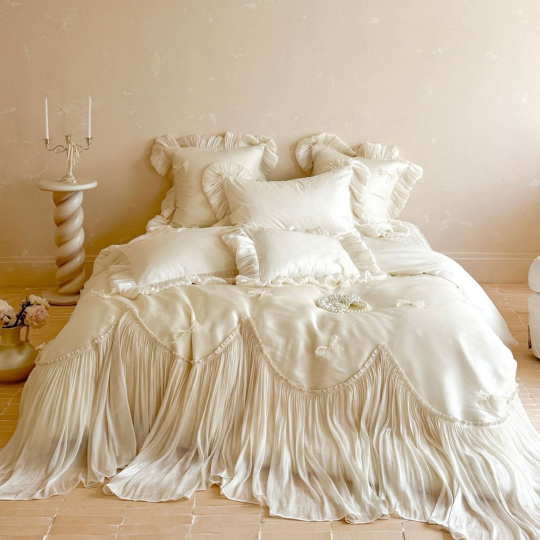 Luxurious satin bedding set with ruffles, pleated bed skirt and decorative pillow